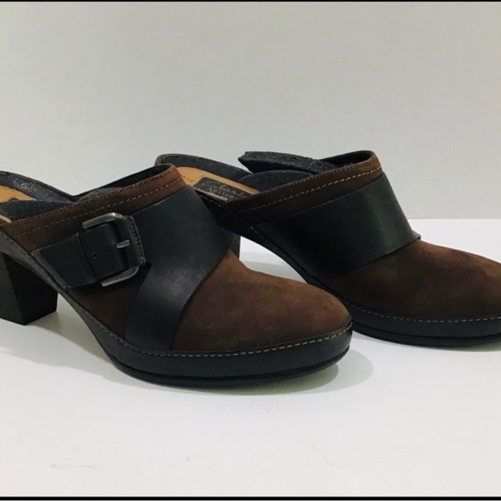 Clarks Brown Suede & Dark Brown Leather Buckle Clogs
